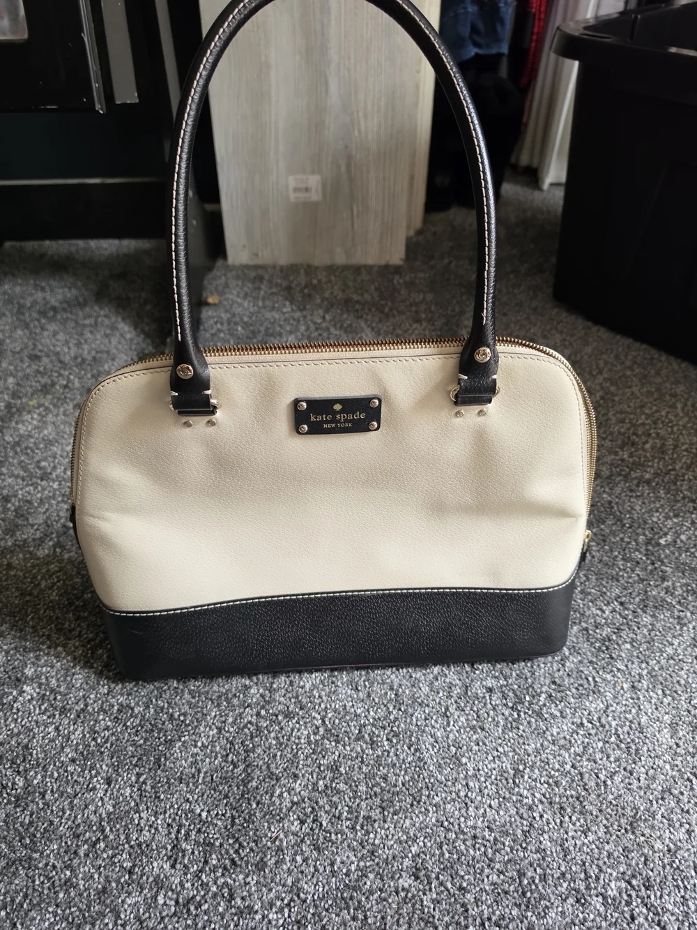 kate spade Cream and Black Dome Satchel with Gold Hardware